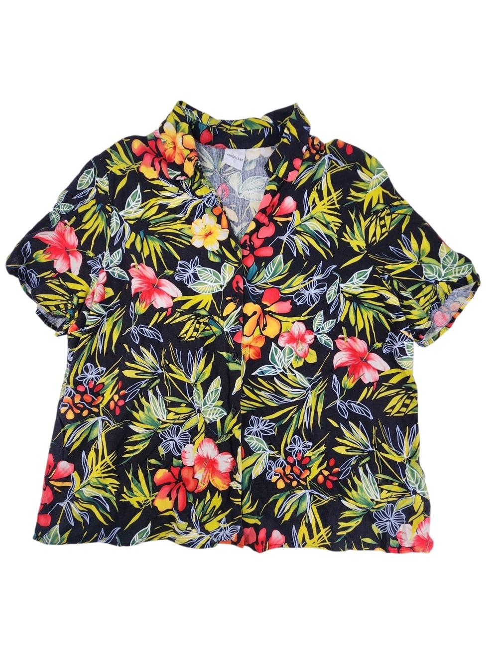 Vintage Versailles Tropical Hawaiian Shirt 2XL Black Floral Linen Blend Camp